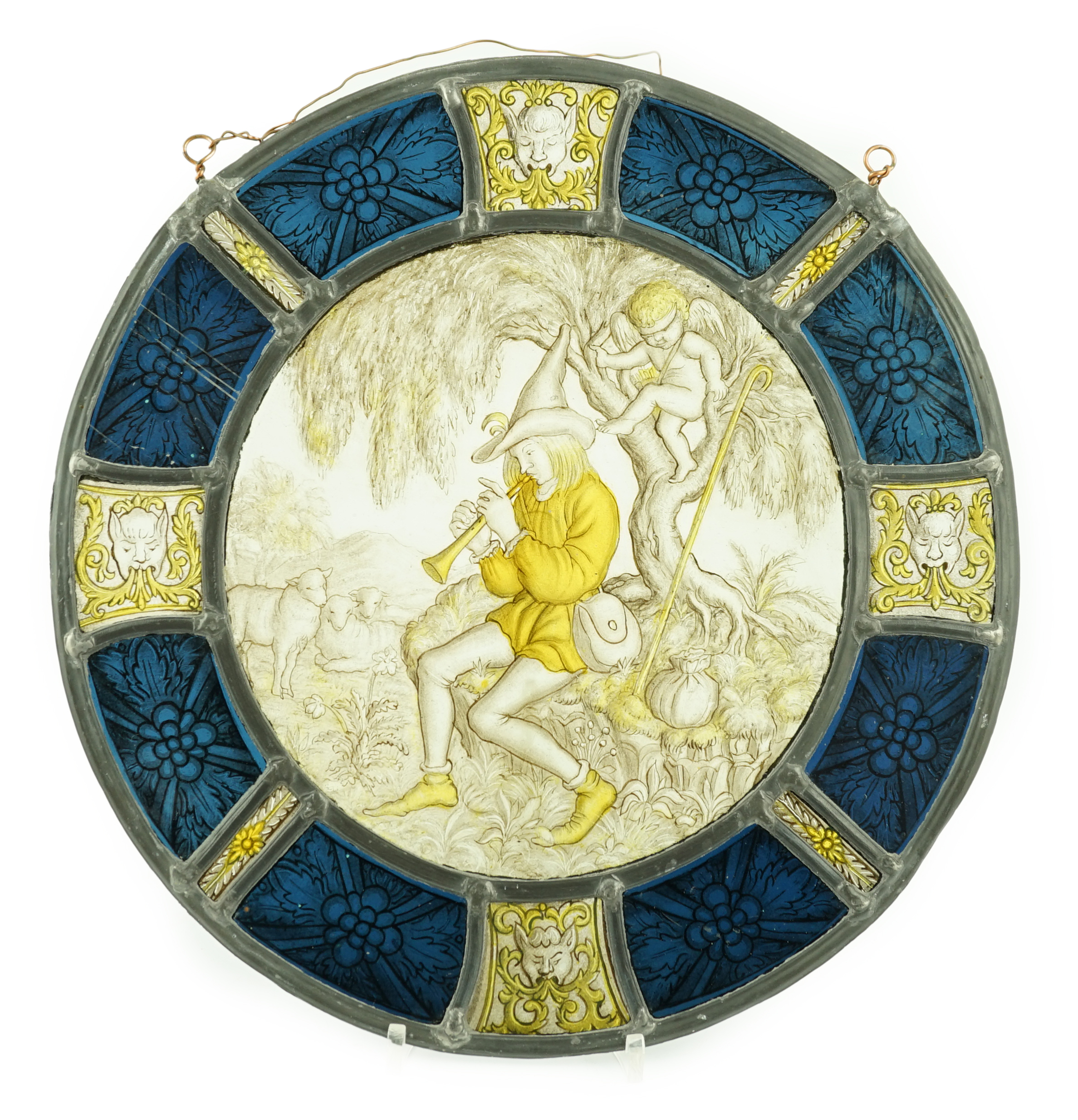 An 18th century Flemish stained glass panel, 32cm diameter
